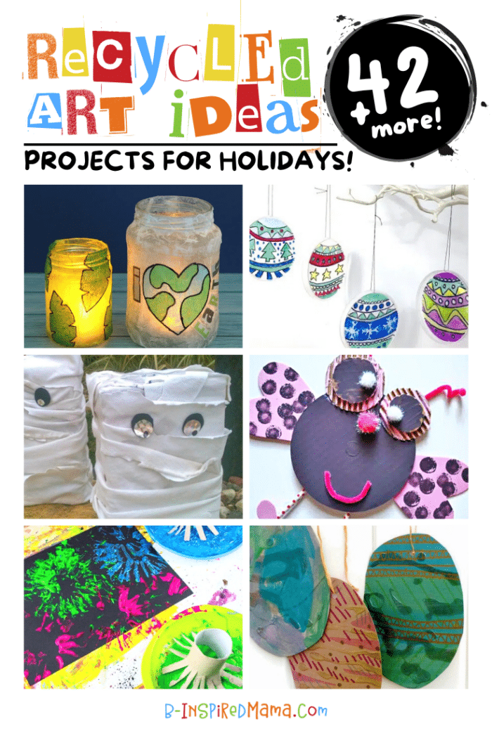 A collage of photos of creative recycling art ideas for various holidays, including recycled mason jar lanterns for Earth Day, Christmas ornaments made out of plastic lids, cute Halloween mummies made out of recycled cereal boxes and an old white t-shirt, a love bug craft made out of recycled cardboard, an Independence Day or New Years fireworks painting made by printing with cardboard toilet paper rolls, and pretty hanging Easter egg art made out of recycled cardboard.
