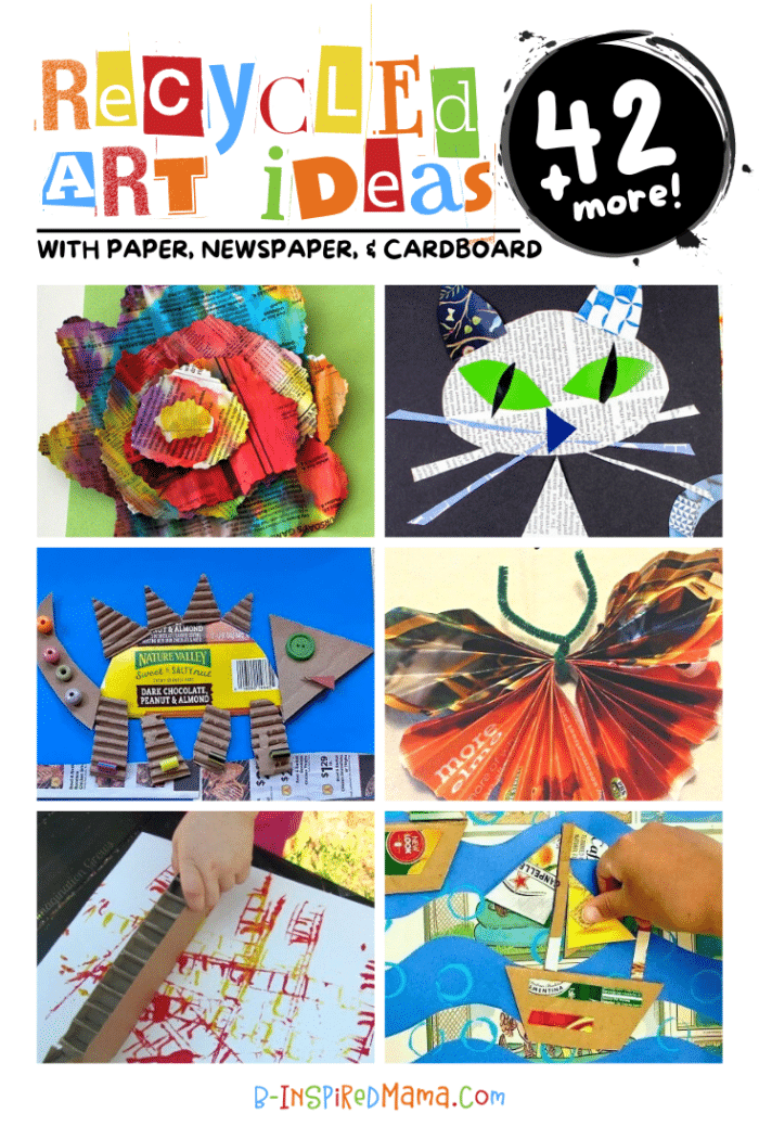 A collage of photos of kids recycled art projects using paper, newspaper, and cardboard, including flower art made out of layered painted newspaper, a cat collage made out of paper and newspaper, a dinosaur collage made out of corrugated cardboard, a 3D butterfly made out of a folded magazine page and pipe cleaner, a child printing red paint with the edge of a piece of cardboard, and a child creating a sea and sailboat themed collage with paper and newspaper.