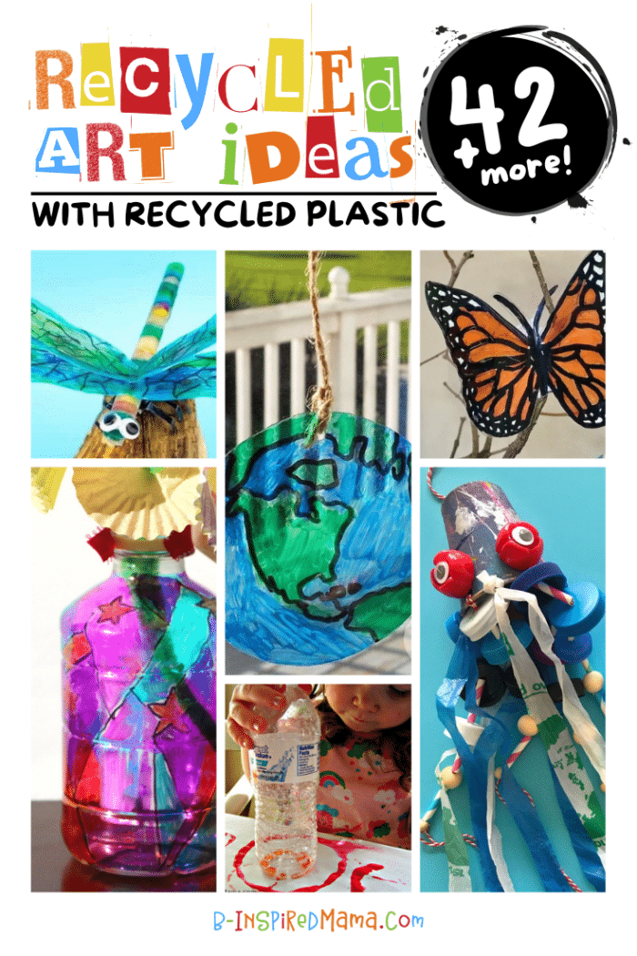 A collage of photos of kids recyclable art projects, including a cute little blue dragonfly with recycled plastic wings, a bright blue and green planet Earth suncatcher, a bright orange 3D monarch butterfly with plastic wings, a colorful flower vase made out of a plastic water bottle, a child printing paint on paper using a plastic water bottle, and a creative 3D squid with tentacles made out of plastic bags and bottle caps.