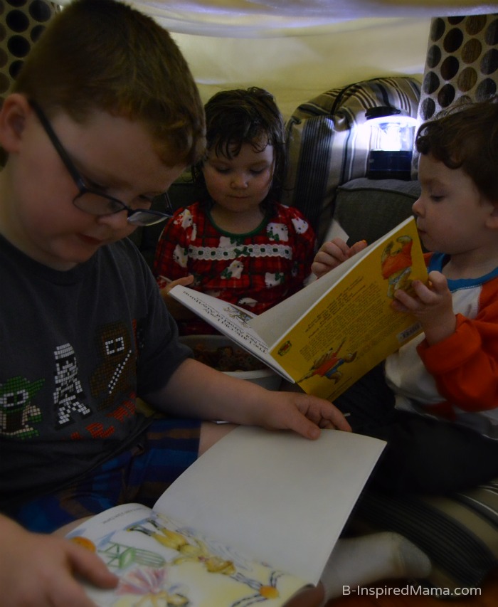 Reading During Our Pajama Jam Reading Party in Our Fort [#sponsored by Eveready and Scholastic] at B-Inspired Mama