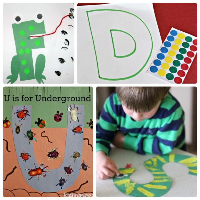 A collage of 8 photos of fun and easy letter crafts for preschool kids, including a letter F frog craft, a letter D alphabet craft, a U is for underground craft with bug stickers, and a young child making a letter S snake craft.