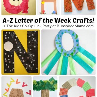 A collage of 8 photos of fun and easy letter crafts for preschool kids, including an A is for Apple craft, a letter H Home craft, a letter M macaroni craft, an N is for night sky craft, an octopus O craft, a V is for volcano craft, a letter T tree collage, and a quilt letter Q craft.