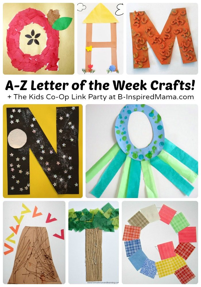 A collage of 8 photos of fun and easy letter crafts for preschool kids, including an A is for Apple craft, a letter H Home craft, a letter M macaroni craft, an N is for night sky craft, an octopus O craft, a V is for volcano craft, a letter T tree collage, and a quilt letter Q craft.