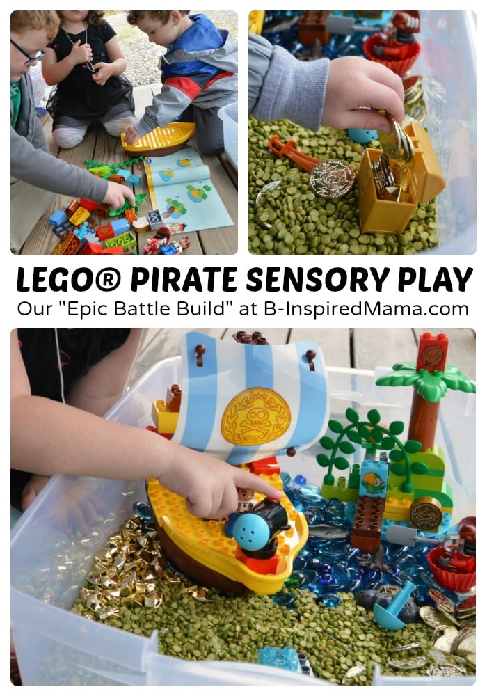 A collage of photos of kids engaging in sensory play with their LEGO Duplo Pirate set.