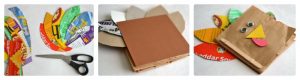 A collage of 3 photos of the steps for making a Thankful Turkey Book Craft for Thanksgiving using brown paper bags and cereal box cardboard.