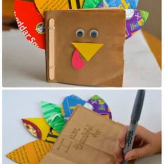 A collage of two photos of a Thankful Turkey Book Craft for kids to record their gratitude on Thanksgiving.