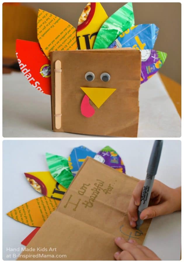 A collage of two photos of a Thankful Turkey Book Craft for kids to record their gratitude on Thanksgiving.