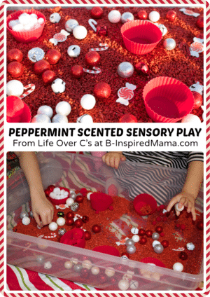 Christmas Sensory Play with a Peppermint Scented Sensory Bin at B-Inspired Mama