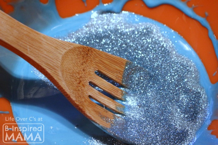 Adding Glitter to a Sick Day Slime Recipe at B-Inspired Mama