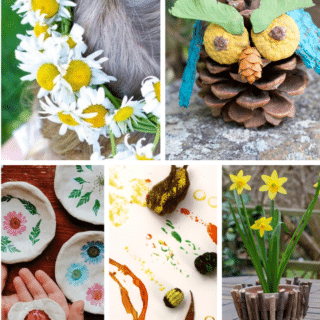 A collage of 5 photos of fun Spring nature crafts for kids of all ages, including a daisy flower crown, a pinecone owl craft, a child holding a pressed flower pinch pot craft, a nature printing art project, and a twig-wrapped flower pot craft.