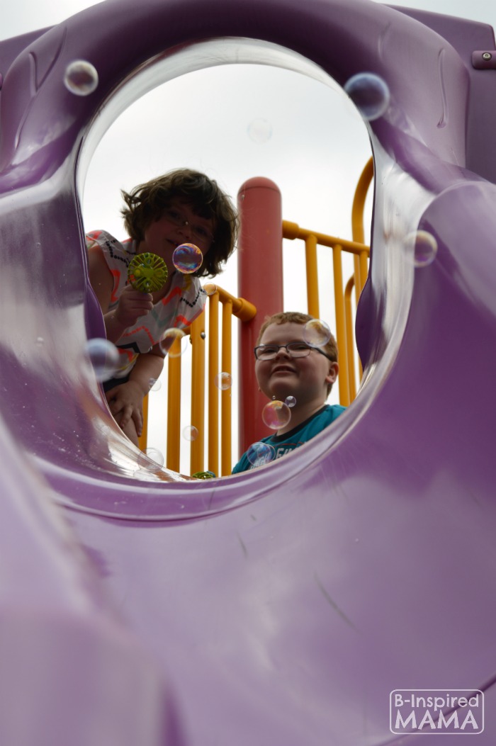 Bubbles through the Slide + More Playground Playdate Ideas for the Playground with Gymboree and B-Inspired Mama
