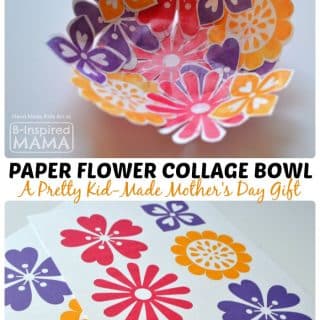 A collage of two photos of a pretty Mothers Day Flower Craft Bowl made out of free printable paper flowers.