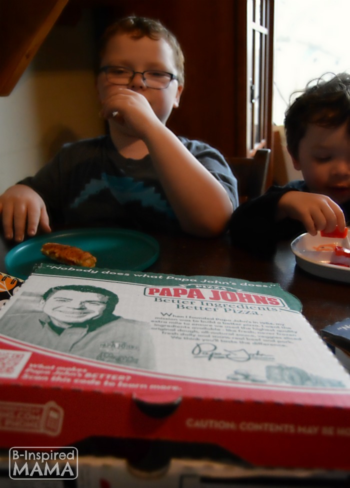 6 Family Home Evening Ideas- Sawyer and JC enjoying their Papa Johns at B-Inspired Mama