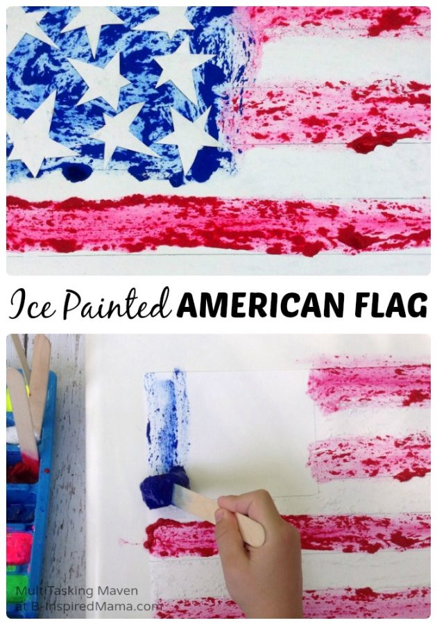 A collage of 2 photos of a fun and easy ice painted American flag craft for kids, including a photo of a child's hand painting with ice paint on a craft stick.