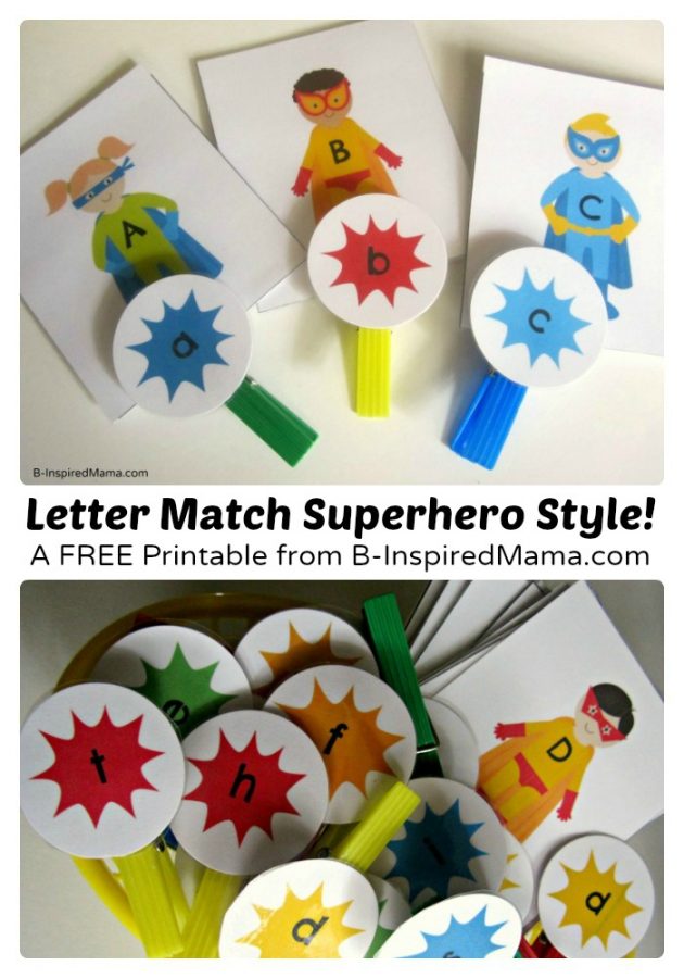 A collage of 2 photos of a free superhero upper and lowercase letters printable game made out of printed alphabet cards and colorful clothespins.
