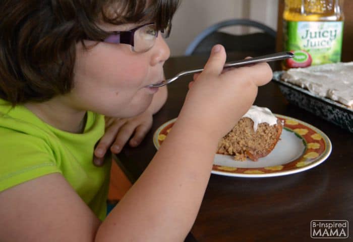 Kid-Friendly Apple Spice Cake Recipe - Priscilla Enjoying Her Cake - B-Inspired Mama