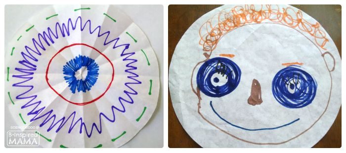 A collage of 2 photos of white coffee filters decorated with colorful marker for an easy Marker Chromatography Experiment for kids.