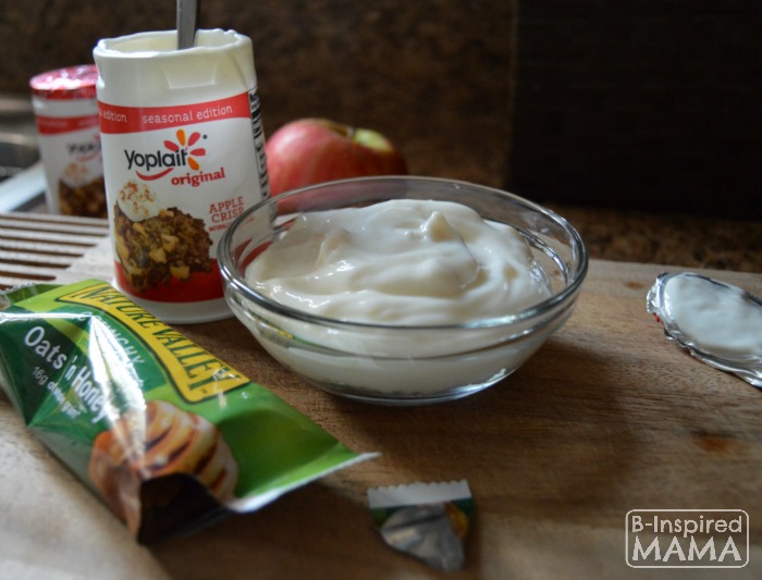 Easy No Bake Apple Crisp Snack - Adding the Yoplait Yogurt - B-Inspired Mama