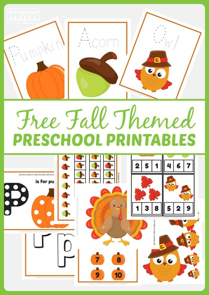 A screenshot of various free fall preschool printables featuring cute Autumn themed clipart like pumpkins, acorns, owls, and turkeys and preschool learning concepts like numbers, counting, letters, and handwriting.