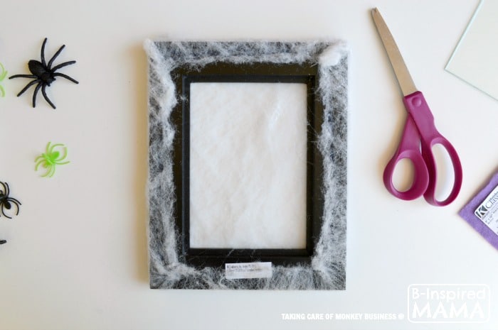 Spider Web Picture Frame Halloween Craft - Adding the Spider Web 2 - B-Inspired Mama