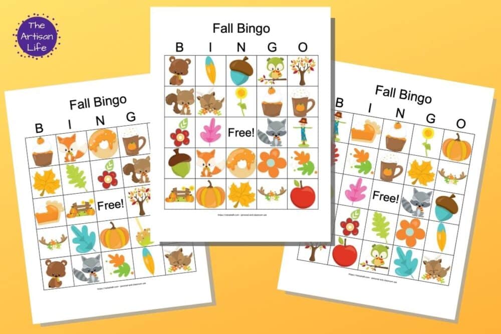 Three overlapping printable activity sheets for playing a Fall BINGO game with preschool kids. They feature various Autumn-themed objects including acorns, pumpkins, leaves, apples, flowers, owls, squirrels, corn, and more.