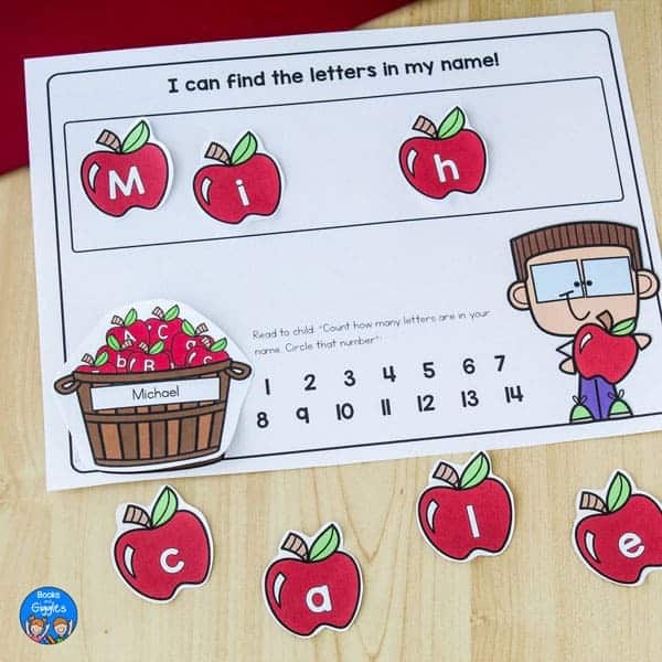 A preschool printable activity for learning how to spell your name using a Fall apple theme.