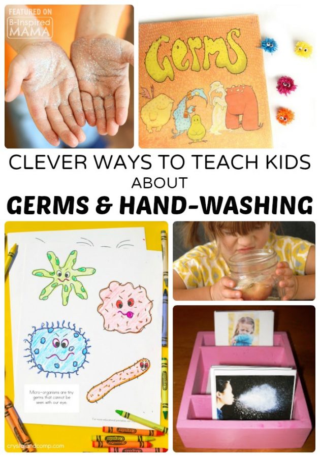 A collage of 5 photos of ideas to teach hand washing in a fun way, including a kids glitter germs activity, a preschool pom pom germ activity and children's book, printable germ coloring pages, a child doing a hands-on germ science experiment, and a Montessori handwashing activity set up.