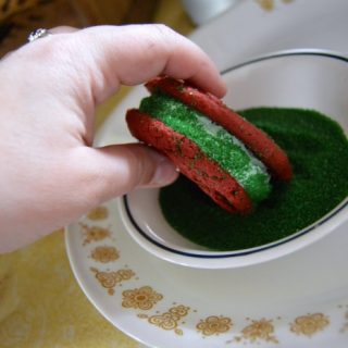 Easy Red Velvet Christmas Cookie Sandwiches - Adding Green Sugar - at B-Inspired Mama