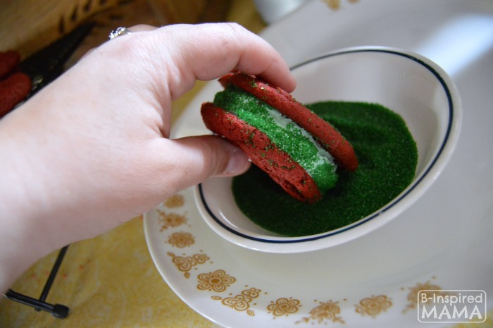 Easy Red Velvet Cake Mix Cookies for making festive Christmas Cookie Sandwiches - Adding Green Sugar - at B-Inspired Mama