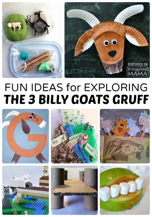 A collage of 8 photos of fun Three Billy Goats Gruff activities for kids, including a DIY playdough kit with goat toys, a paper plate goat craft, a letter G goat craft, a 3 Billy Goats Gruff sensory bin, a set of craft stick puppets, a LEGO story retelling, a bridge STEM challenge, and an apple snack.