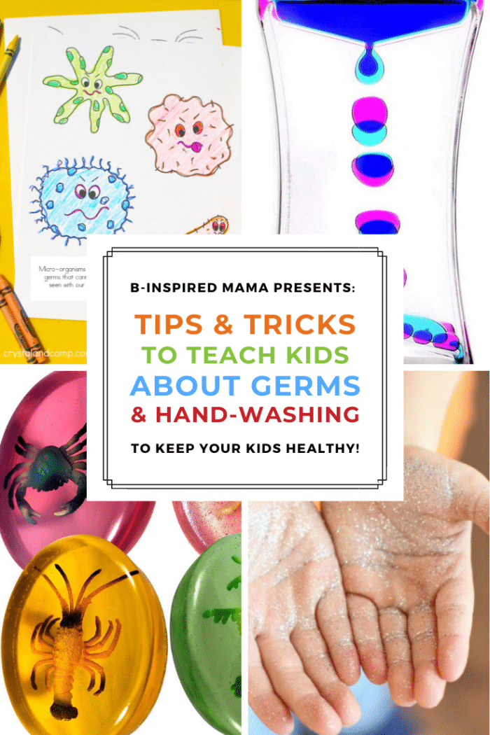 A collage of 4 photos of ideas to teach hand washing in a fun way, including printable germ coloring pages, a fun dripping timer, homemade treasure soaps, and a kids glitter germs activity.