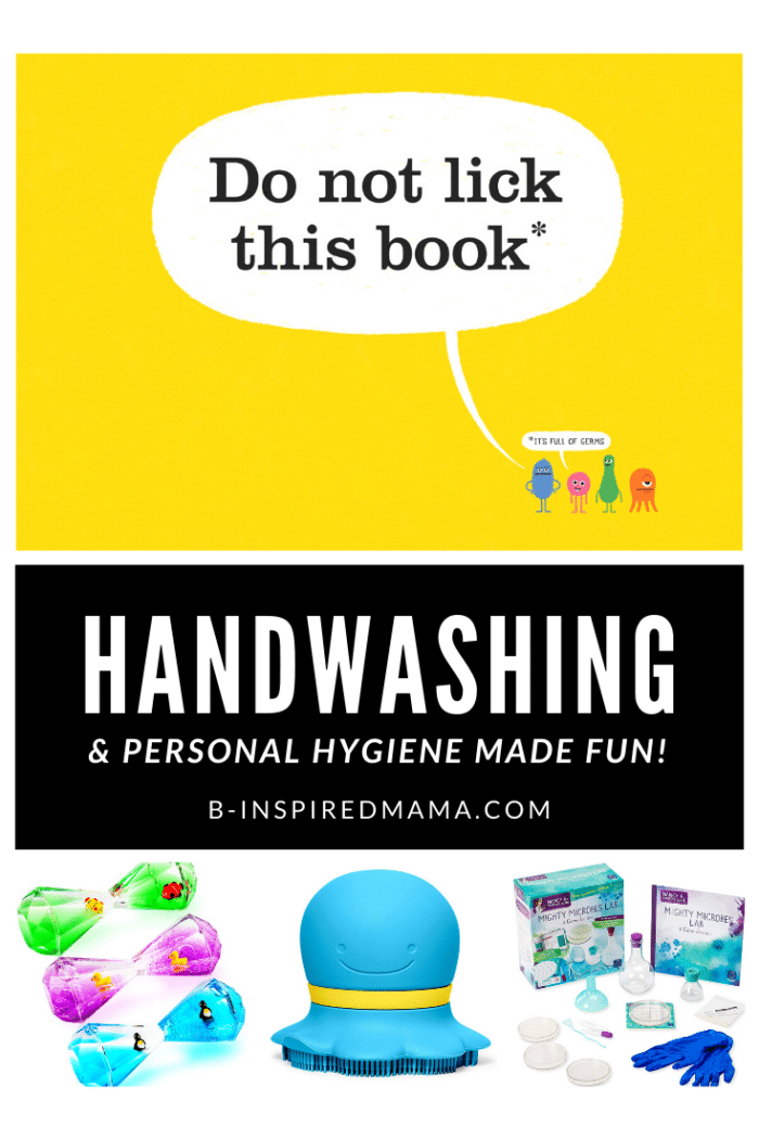 A collage of 4 photos of products for teaching kids about hand washing in a fun way, including a children's book about germs, a science kit, a cute scrubber, and colorful timers.
