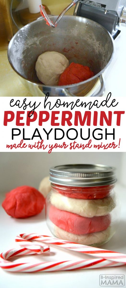 A collage of two photos of an easy homemade Candy Cane Peppermint Playdough Recipe, including a photo of red and white homemade playdough being made inside a kitchen stand mixer and a photo of red and white playdough layered in a small mason jar alongside two candy canes.