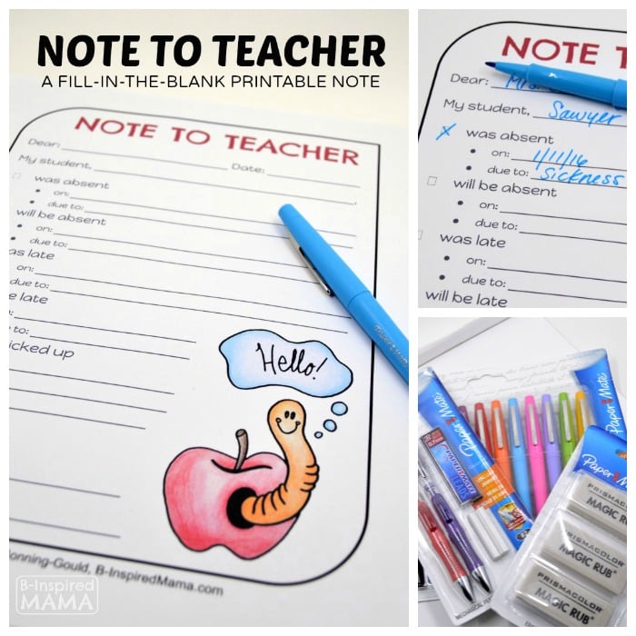 Note to Teacher - A Free Printable Fill-In-The-Blank Form at B-Inspired Mama