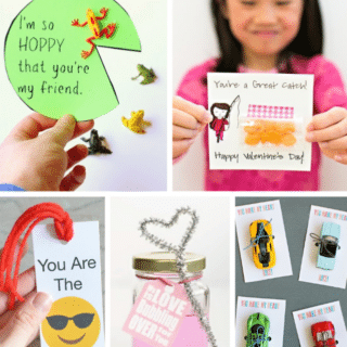 A collage of 5 photos of fun and easy non-candy Valentine ideas, including a free printable green paper lilypad Valentine with a yellow plastic toy frog on it, a happy girl holding a printable fishing-themed Valentine with a small bag of Goldfish Crackers tapes onto it, a hand holding a free printable bookmark Valentine featuring a smiling emoji and red yarn on the end, a DIY Valentine consisting of a mini mason jar full of homemade pink bubble solution with a heart-shaped sparkly pipe cleaner bubble wand and Valentine tag tied onto it, and printable car-themed Valentines with toy cars attached.