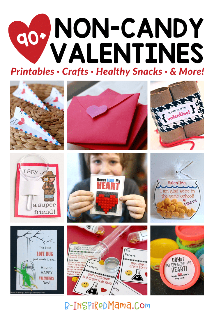 A collage of 9 photos of fun and easy no-candy Valentine ideas for kids of all ages, including free printable paper airplane Valentines, an easy folded-heart envelope Valentine craft, a cute cardboard tube binoculars Valentine craft, a free printable detective-themed Valentine with a plastic toy magnifying glass attached, a happy child holding out a printable LEGO-themed Valentine with a red LEGO heart attached, a cute printable fishbowl-shaped Valentine with healthy Goldfish Crackers, a free printable love bug Valentine with a small plastic toy insect attached, printable science Valentines made out of test tubes, Valentine confetti, and a printable Valentine with science experiment instructions, and fun playdough Valentines with printable labels on the lids.