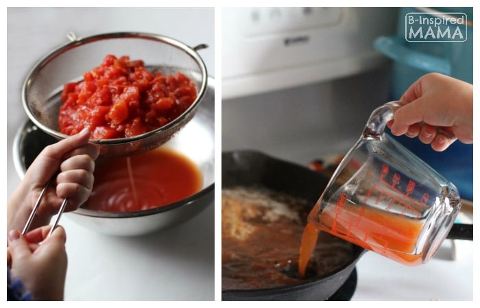 A collage of photos of steps of a recipe for Easy Skillet Rosemary Chicken and Tomatoes. The photos include someone using a colander to drain diced tomatoes and a person pouring the diced tomato juices into a cast iron skillet.