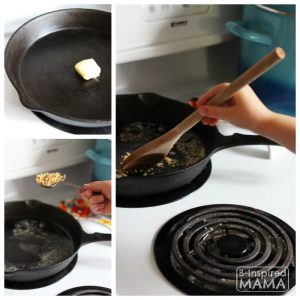 A collage of photos of the first steps of the recipe for skillet rosemary chicken with tomatoes. The photos include a person stirring melted butter and minced garlic in a cast iron skillet on the stove.