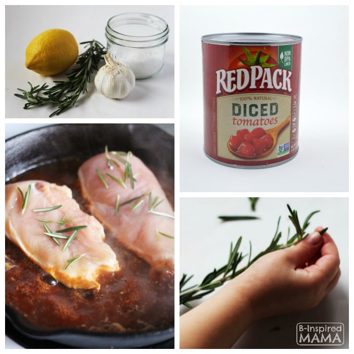 A collage of photos of ingredients and steps for a recipe for Rosemary Chicken with Tomatoes.