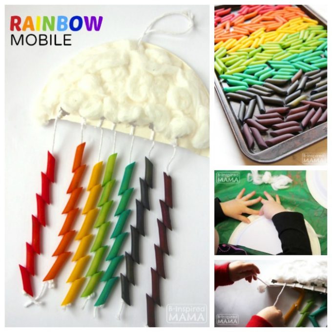 A collage of 4 photos of the steps to make a cute and colorful Rainbow Mobile Craft for Kids featuring a half of a paper plate covered in white cotton balls to look like a cloud with strings hanging down that are threaded with dyed pasta.