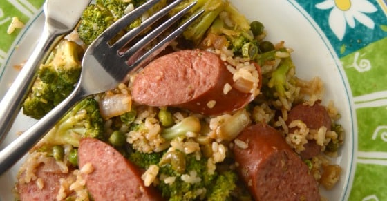 A photo of a plate with a prepared Smoked Sausage and Rice Skillet Recipe.