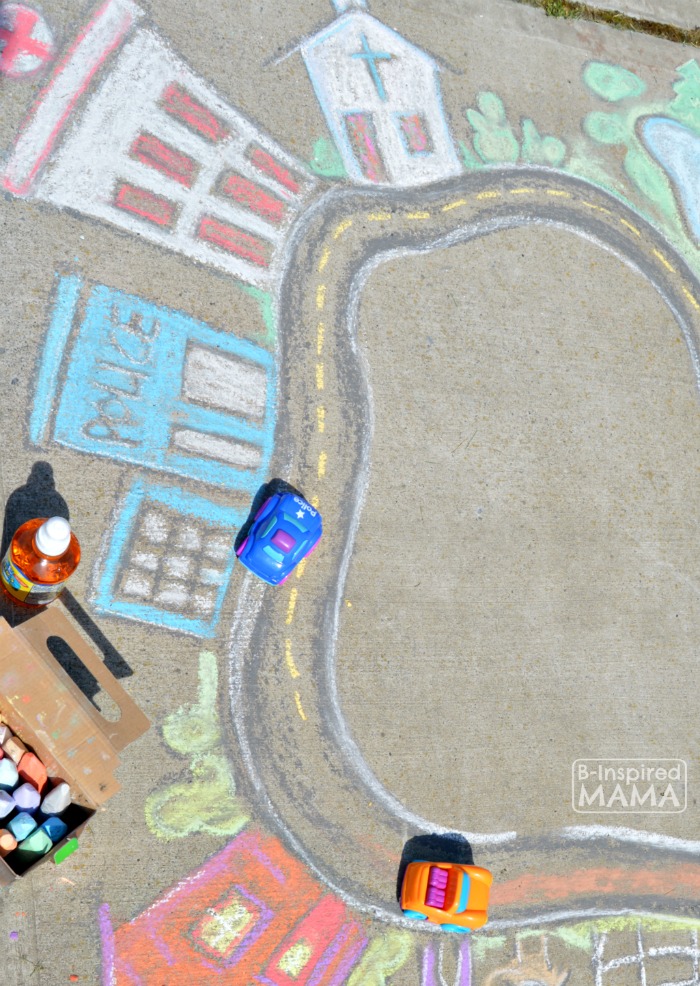 Fun and Easy Sidewalk Chalk Art for Kids to PLAY In - Playing Cars in a Giant Sidewalk Chalk Town - at B-Inspired Mama