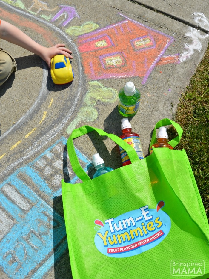 Sidewalk Chalk Art for Kids to PLAY In - Sidewalk Chalk Town + a Snack Bag with Tum-E Yummies Flavored Water Drinks - at B-Inspired Mama