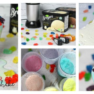 A super easy and seriously fun Rainbow Gummy Bear Milkshake Recipe - Make the kids smile this colorful candy gummy bear topped milkshake - at B-Inspired Mama