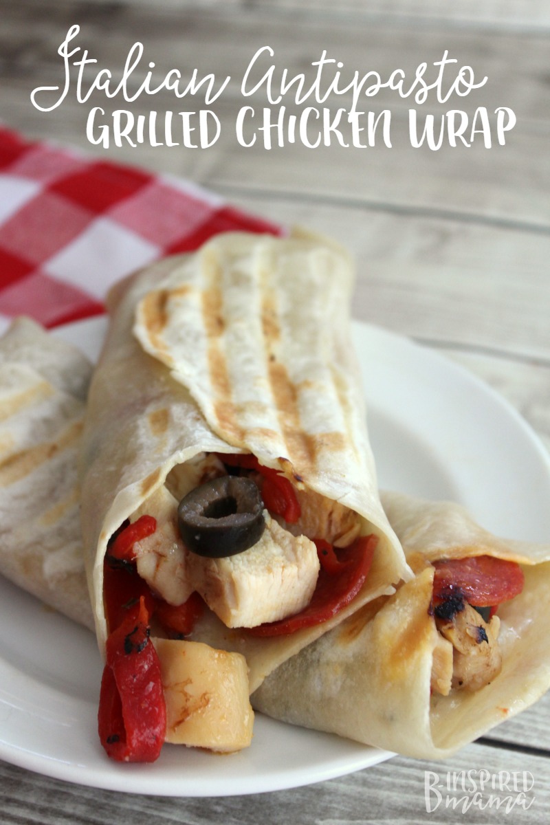 An Easy Italian Antipasto Grilled Chicken Wrap Recipe - perfect for a summer family lunch or dinner - at B-Inspired Mama