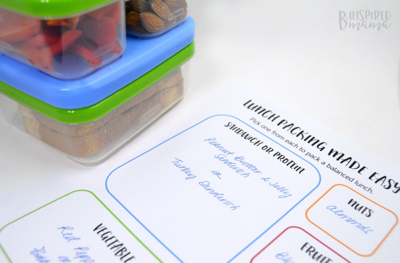 Printables to ensure a Kid-Packed Lunch gets done on time and is a balanced meal, too - at B-Inspired Mama