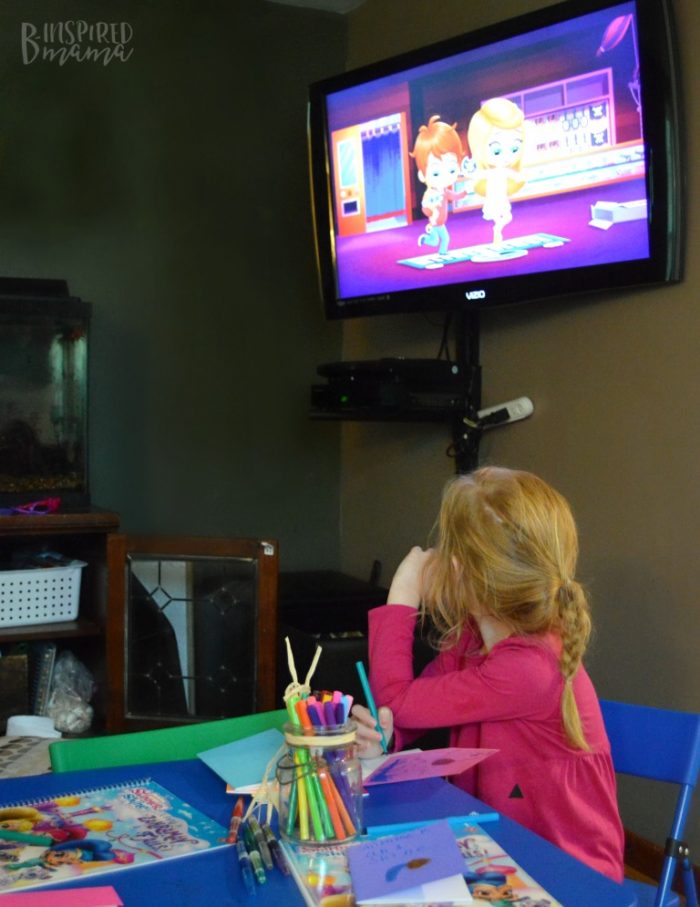 4 Simple Steps to a Girly Party your Daughter will Adore - Creating Storybooks and Watching Cartoons at our Shimmer and Shine Party - at B-Inspired Mama