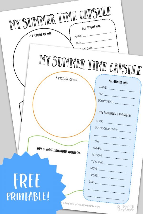 Summer time capsule printables for kids with blanks for them to draw and write their summer break memories.