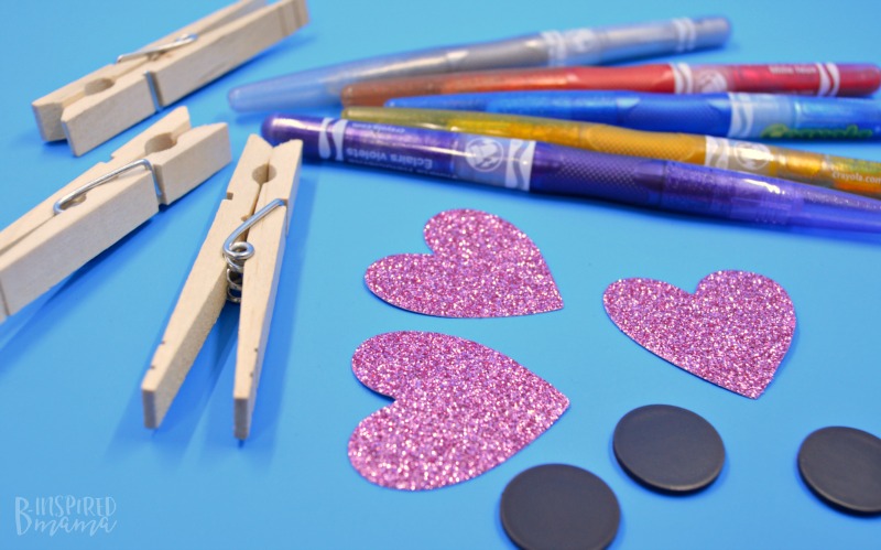 Supplies for some easy peasy Glittery DIY Magnet Photo Clips - perfect for hanging the kids sparkling selfies - at B-Inspired Mama