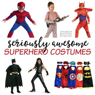 A collage of photos of cool superhero costumes for kids, including various superhero capes and both boys and girls wearing super hero costumes including Spiderman and Batman.